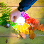 Farbkarte mit Regenbogenfarben, Hand fügt Naturmaterialien hinzu, grüne, rote und gelbe Blätter